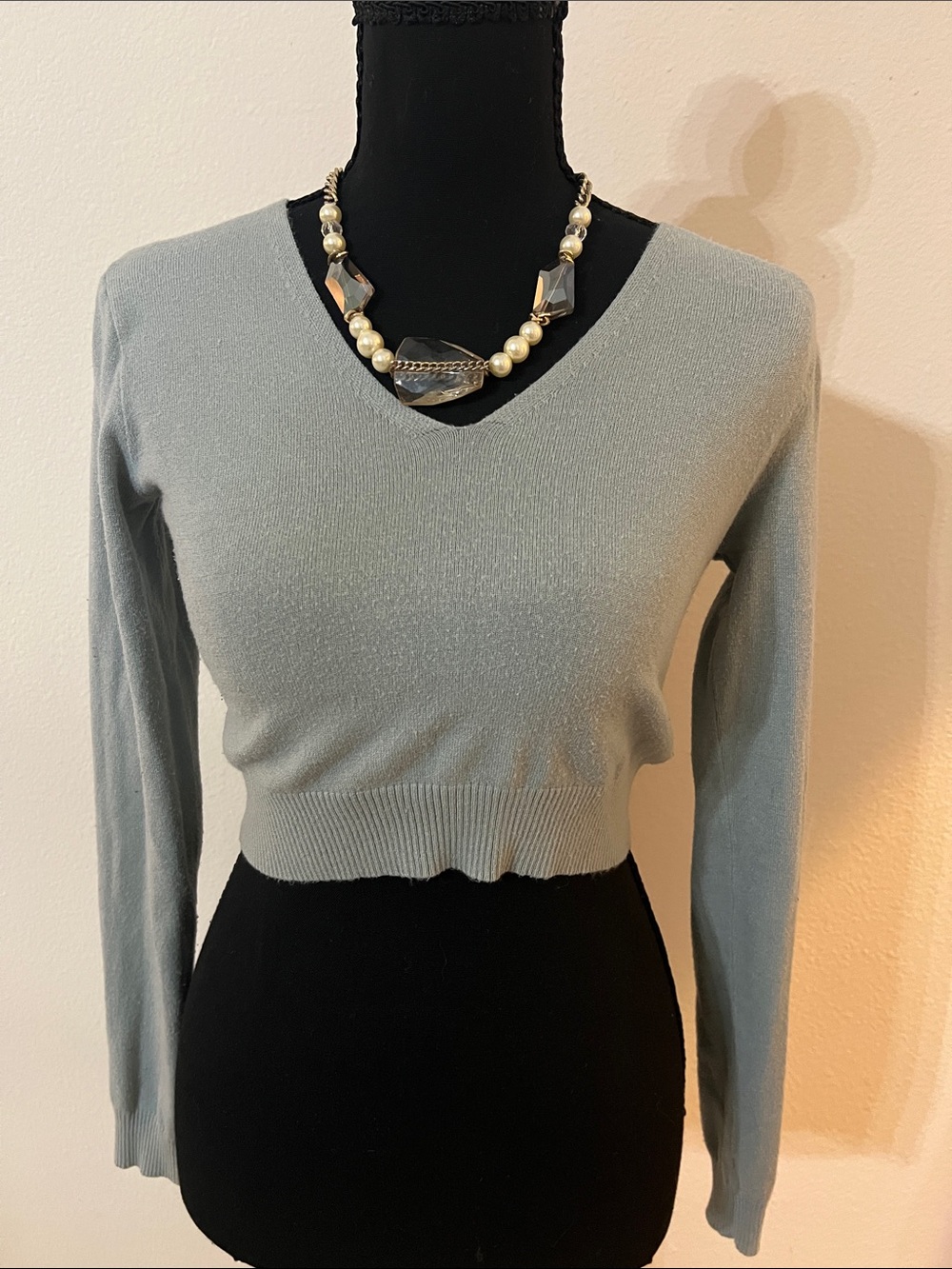 J. Galt Brandy Melville Blue Cropped V Neck Sweater Long Sleeve Soft Knit